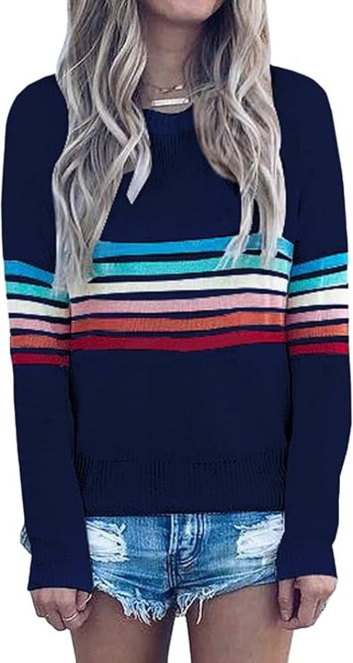 Ecowish Sweater Rainbow Striped Sweaters Long Sleeve Crew Neck Pullover Medium